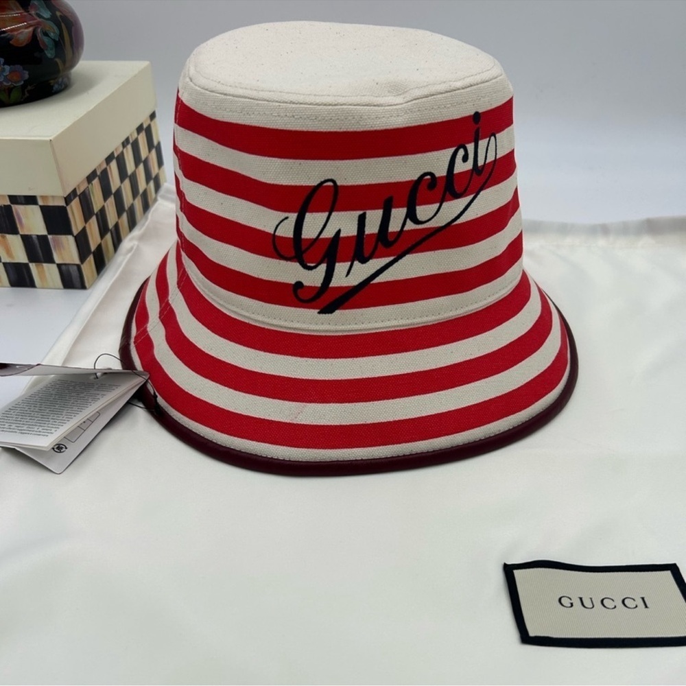 Women’s Gucci, striped canvas, bucket, hat, size large made in Italy